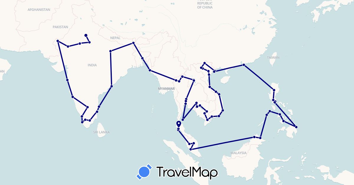 TravelMap itinerary: driving in Bangladesh, Hong Kong, India, Cambodia, Laos, Malaysia, Philippines, Thailand, Vietnam (Asia)